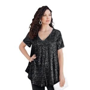 Roaman’s Womens 18 Tunic Blouse Black Sequin Chiffon Short Sleeve cruise vacay